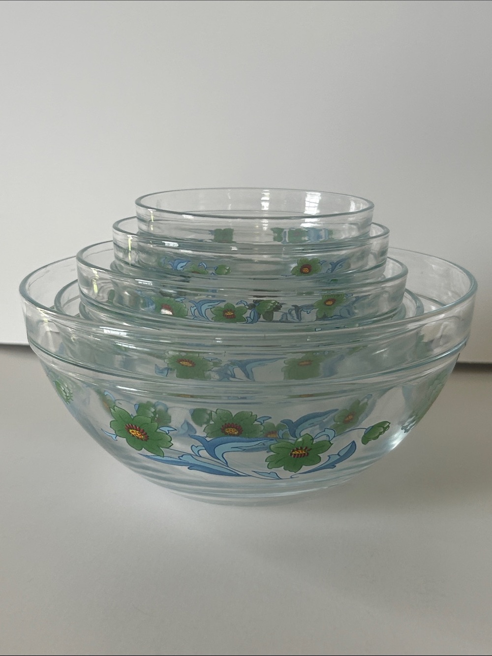 Vintage Imperial Glass Nesting Bowls Set of 8 Blue & Green Flowers